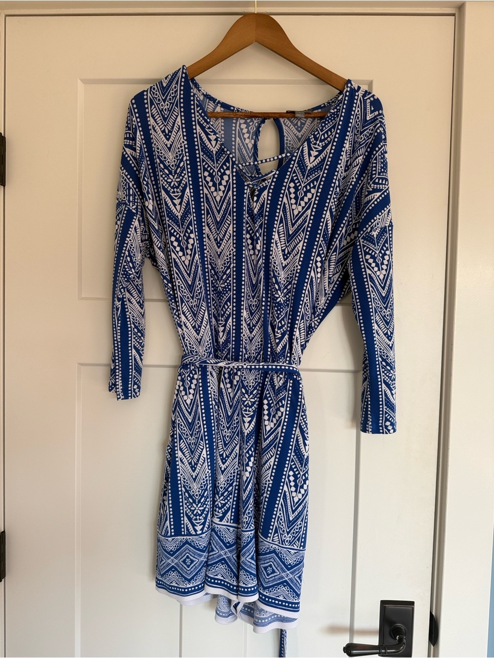 Market & Spruce Fraya Knit Romper Blue White Geometric Tie Waist L